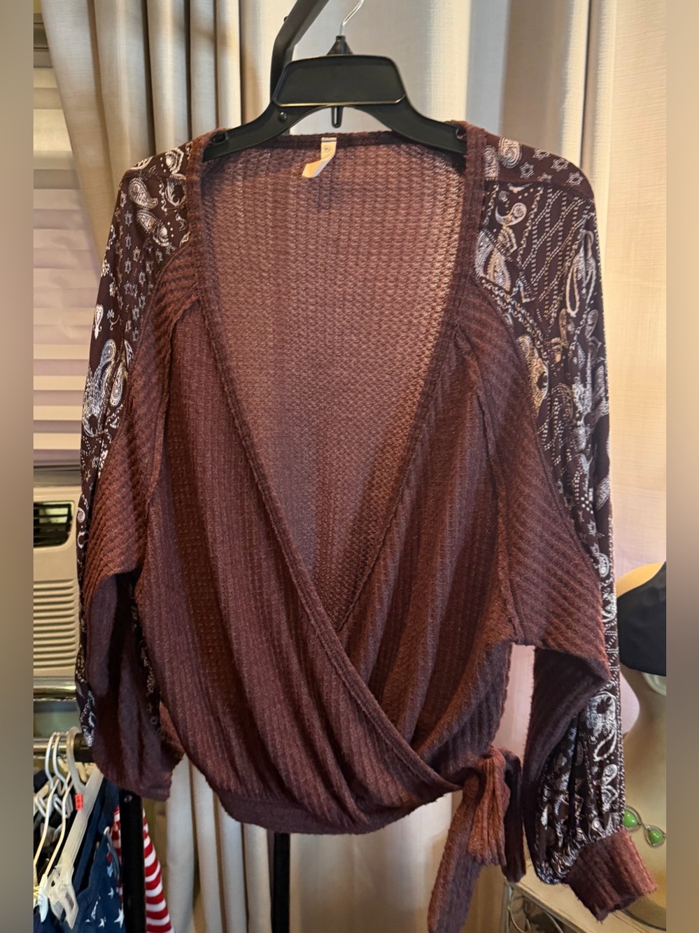 Wishlist Brown Paisley-Sleeve V-Neck Wrap Sweater